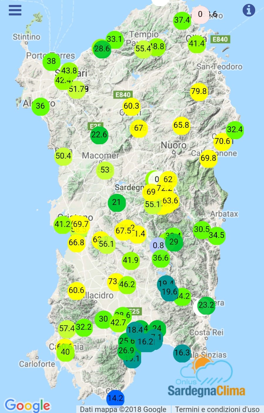 Cumulati giornalieri alle ore 23:59 del 1° maggio 2017 - Rete Sardegna Clima Onlus